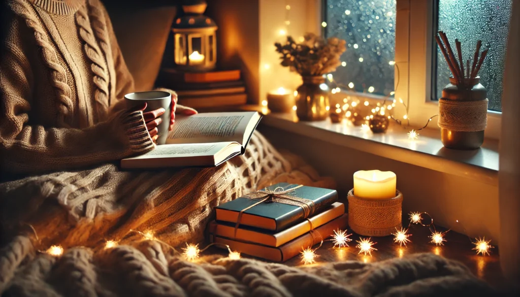 A peaceful evening setting with a person reading a book under soft fairy lights, wrapped in a cozy blanket, with a warm beverage nearby, promoting relaxation and unwinding.