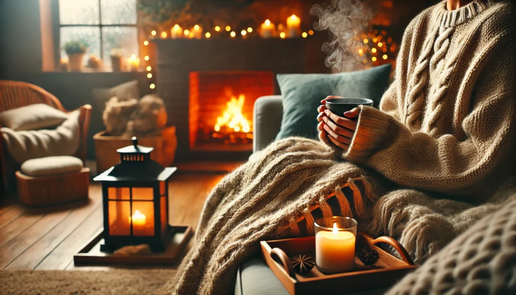 A warm indoor space with a person sitting on a couch, wrapped in a blanket, holding a steaming cup of tea. Soft lighting and a flickering fireplace enhance the soothing and stress-reducing environment.