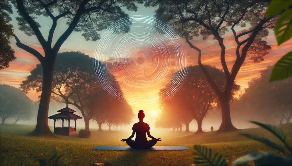 A person practicing yoga outdoors in a peaceful park during sunrise. The sky is filled with warm colors, and the surrounding trees provide a sense of calm and balance, symbolizing stress relief.