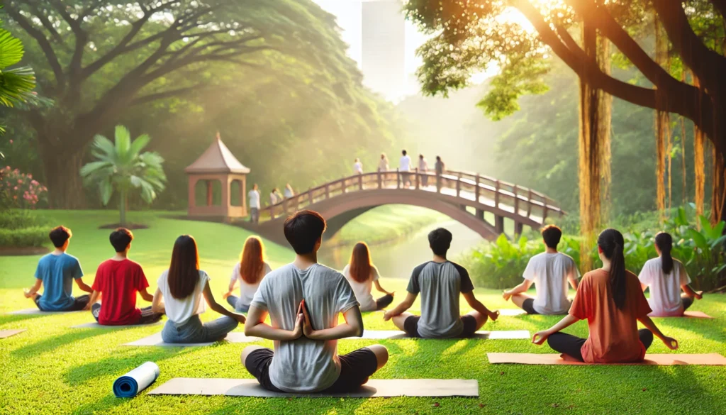 A group of students practicing yoga outdoors in a serene park, engaging in stretching and deep breathing for relaxation and stress relief.