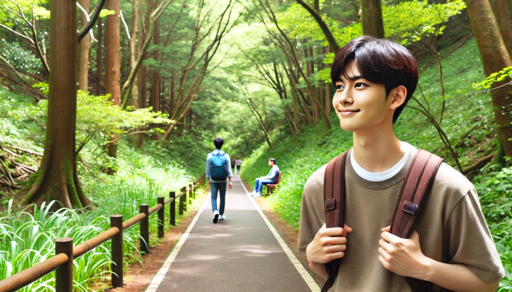 A student enjoying a nature walk along a peaceful forest path, surrounded by lush greenery, symbolizing stress relief through outdoor activities.