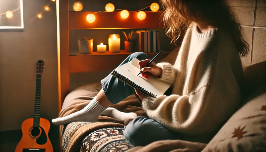 A cozy student dorm room with soft lighting, a warm blanket, and a student journaling, exuding calmness, self-care, and stress relief.