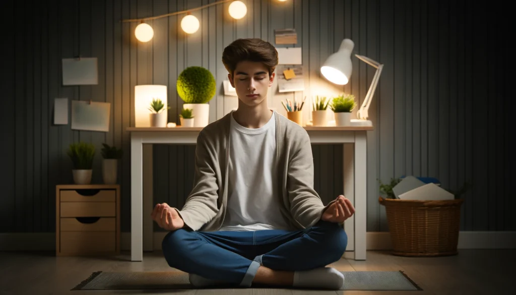 High school student practicing mindfulness meditation in a calm, well-lit study space with plants.