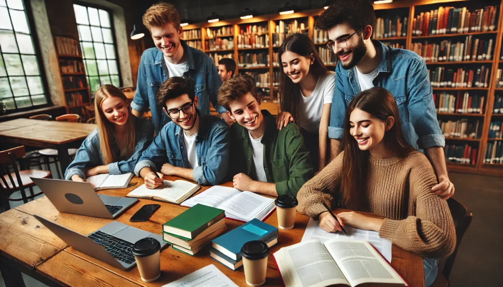 Group of high school students studying together in a cozy library, collaborating with books and laptops.