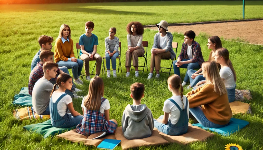 Students attending an outdoor group therapy session with a psychologist, encouraging mental health in schools.