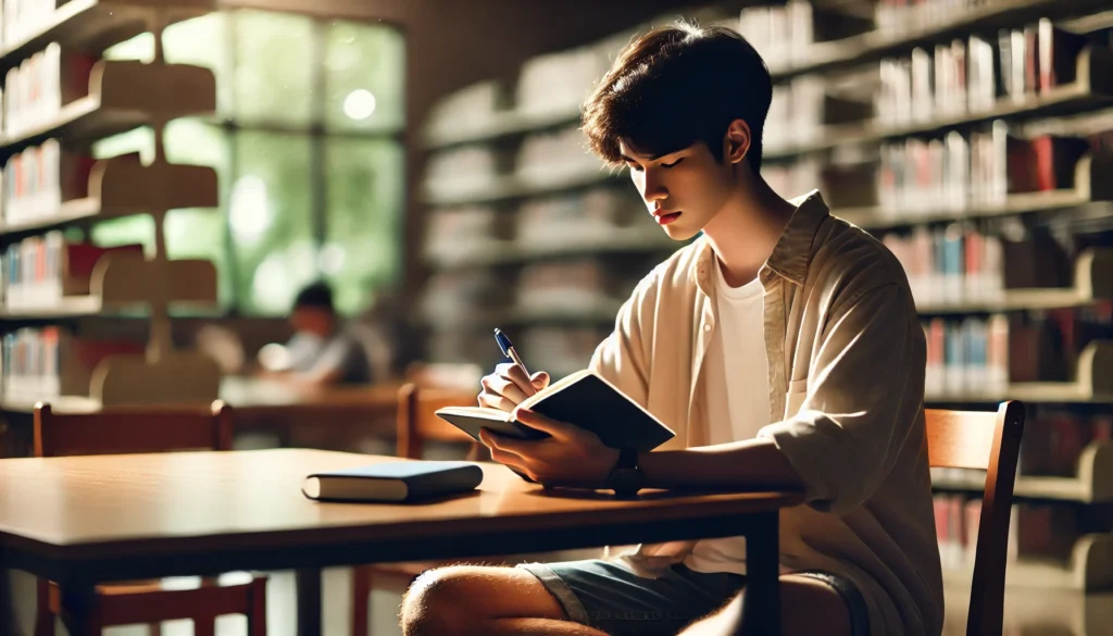 A high school student journaling in a peaceful school library, promoting self-reflection and mental health in schools.