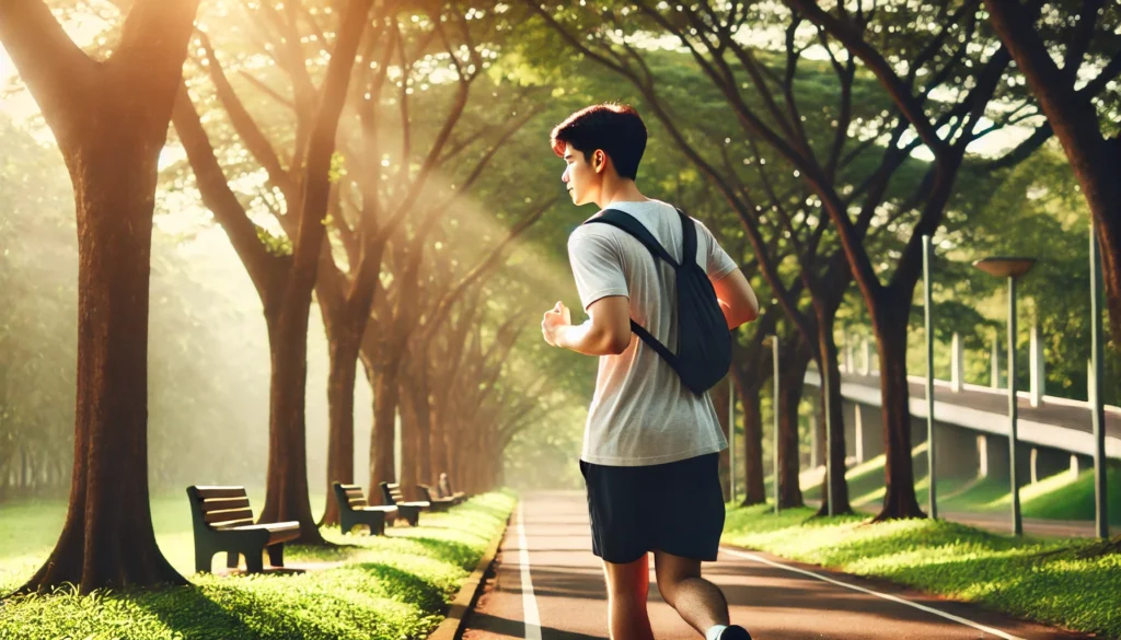 College student jogging outdoors in a scenic park, using exercise as a coping strategy for stress relief.