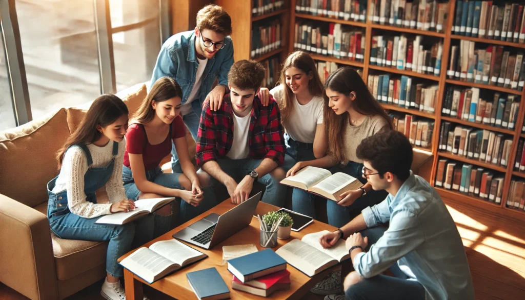 College students engaged in a collaborative study session in a cozy library corner, fostering teamwork and academic support.