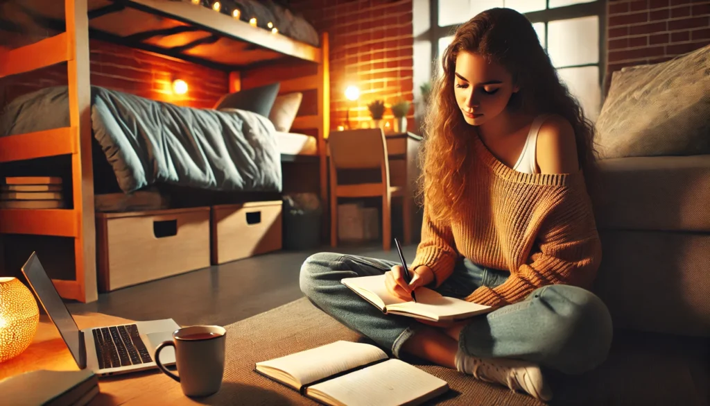 College student journaling in a cozy dorm room with a cup of tea, using self-reflection as a stress management tool.