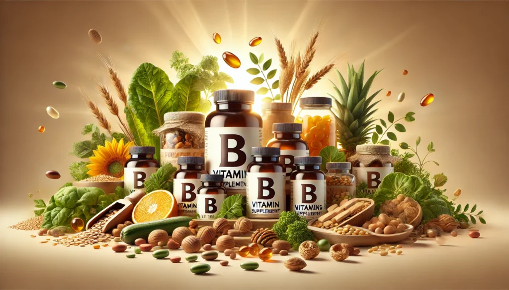 B vitamin supplements placed with leafy greens, nuts, and whole grains, highlighting their importance in neurotransmitter function and depression management.