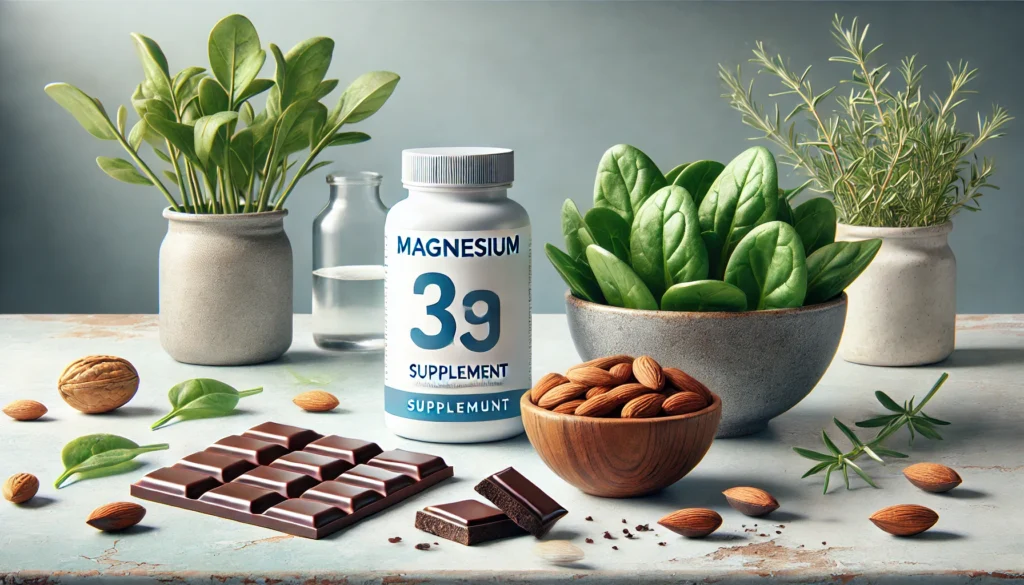 Magnesium supplement bottle accompanied by spinach, almonds, and dark chocolate, illustrating its stress-reducing and mood-enhancing benefits.