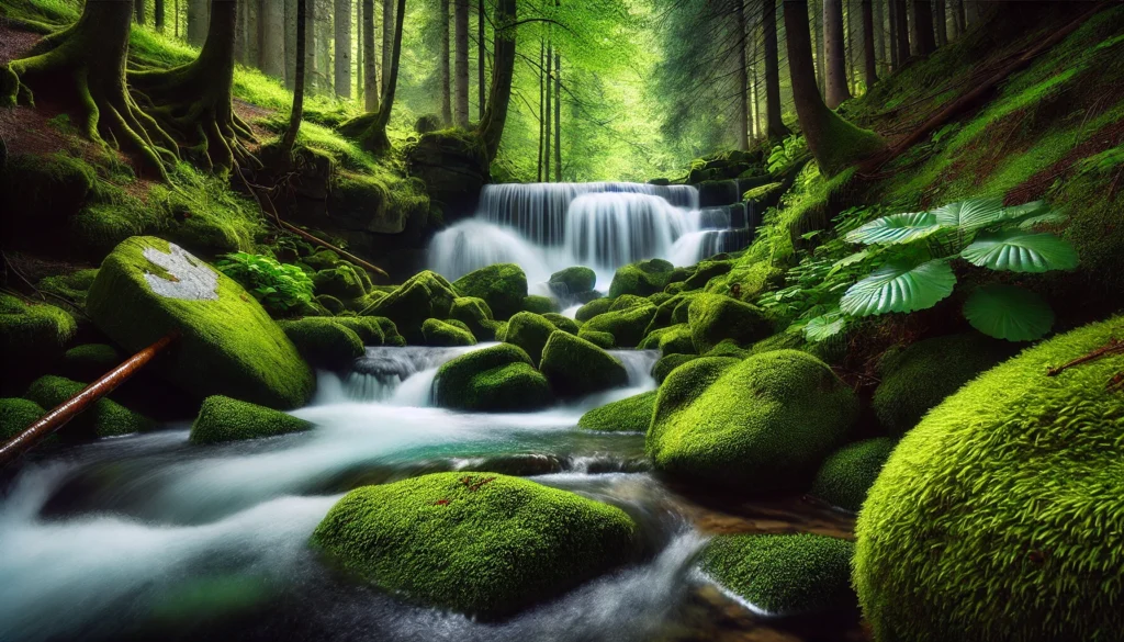 A peaceful forest scene featuring a flowing waterfall cascading over moss-covered rocks, surrounded by lush greenery. The image captures deep tranquility and the calming effects of nature.