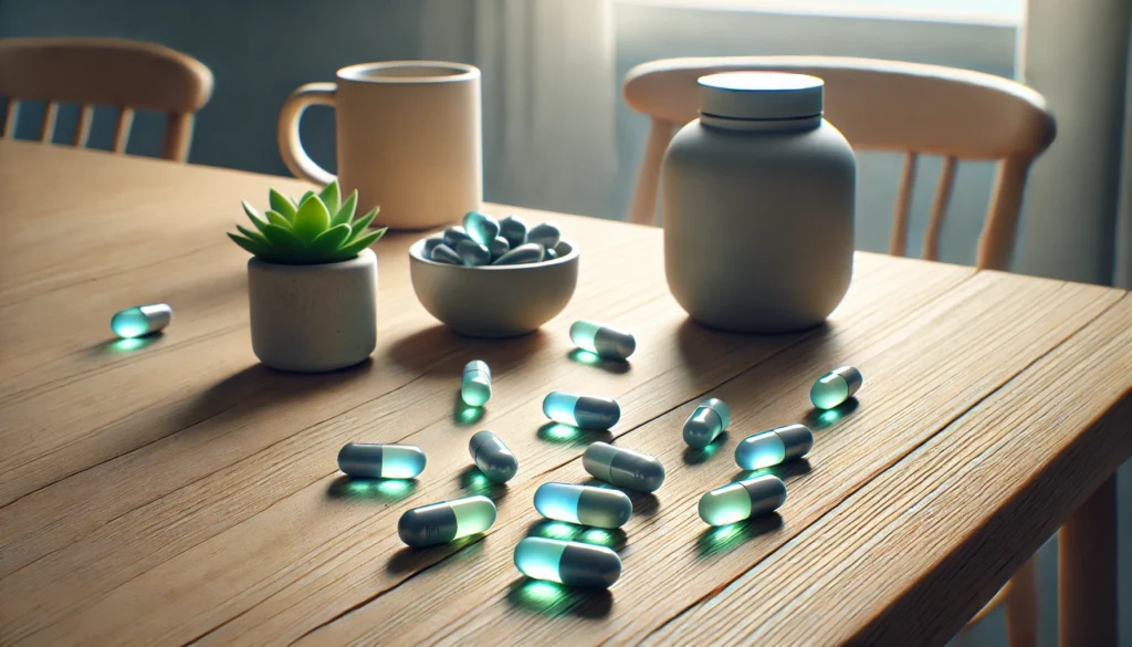 A close-up view of glossy, glowing blue and green capsules, representing focus-enhancing tablets, elegantly arranged on a stylish wooden table. The scene is complemented by minimalist decor, including a ceramic mug and a small potted succulent. Soft natural lighting adds a serene and productive ambiance, symbolizing mental clarity.