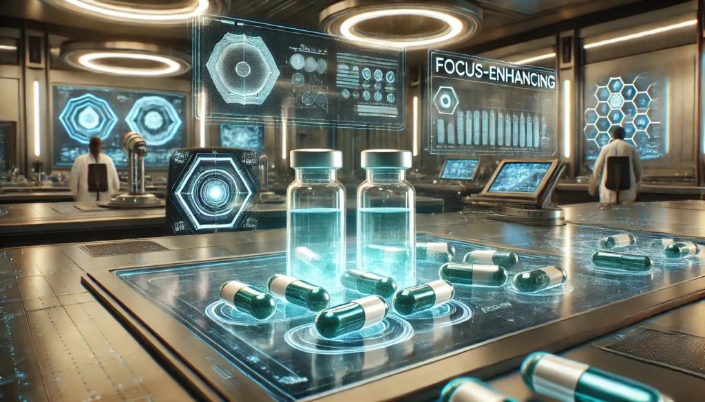 A futuristic laboratory setting showcasing focus-enhancing tablets glowing on a glass surface. Surrounding the capsules are advanced lab equipment and holographic screens displaying data visualizations. The environment is sleek and sterile, highlighting themes of innovation, technology, and precision.