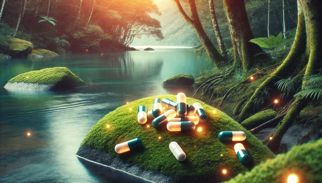 An artistic depiction of focus-enhancing tablets in a natural setting, featuring glowing capsules scattered on a moss-covered rock by a calm river. Soft sunlight filters through trees, blending elements of nature and technology to convey harmony, mental clarity, and balance.