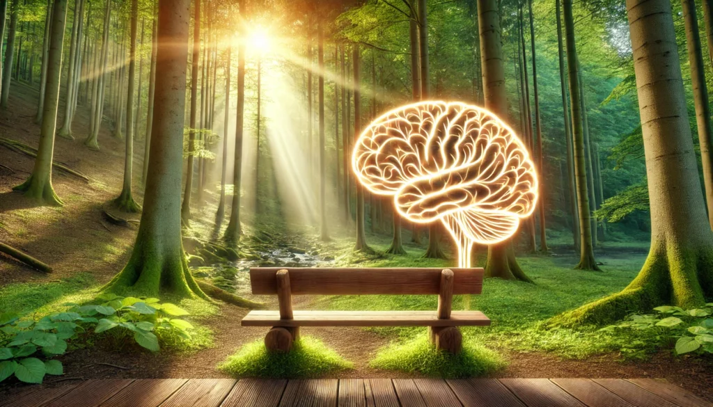 A tranquil forest scene with sunlight streaming through tall trees, illuminating a wooden bench with a glowing tree-shaped brain sculpture placed on it. The natural setting emphasizes clarity, calmness, and cognitive sharpness, aligning with the theme of memory improvement through simplicity.