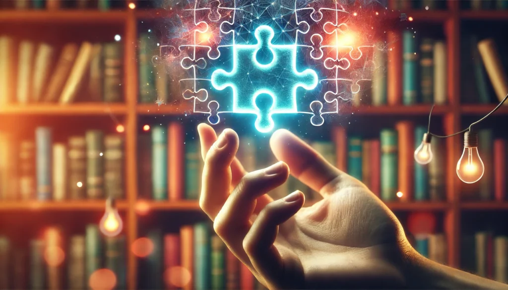 A close-up of a hand holding a glowing puzzle piece, symbolizing memory connections and enhancement. The blurred background showcases a bookshelf filled with colorful books, emphasizing learning and focus in a simple and artistic representation of cognitive development.