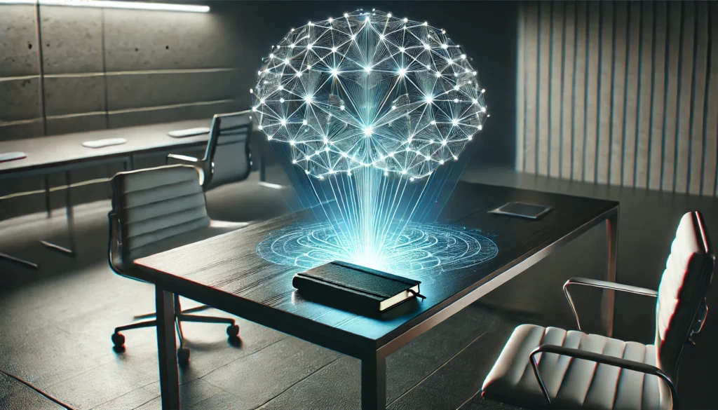 A futuristic glowing brain structure made of interconnected lines and nodes, floating above a sleek modern desk in a dimly lit room. The desk holds a journal and a digital tablet, symbolizing the integration of traditional and modern methods for improving memory skills.