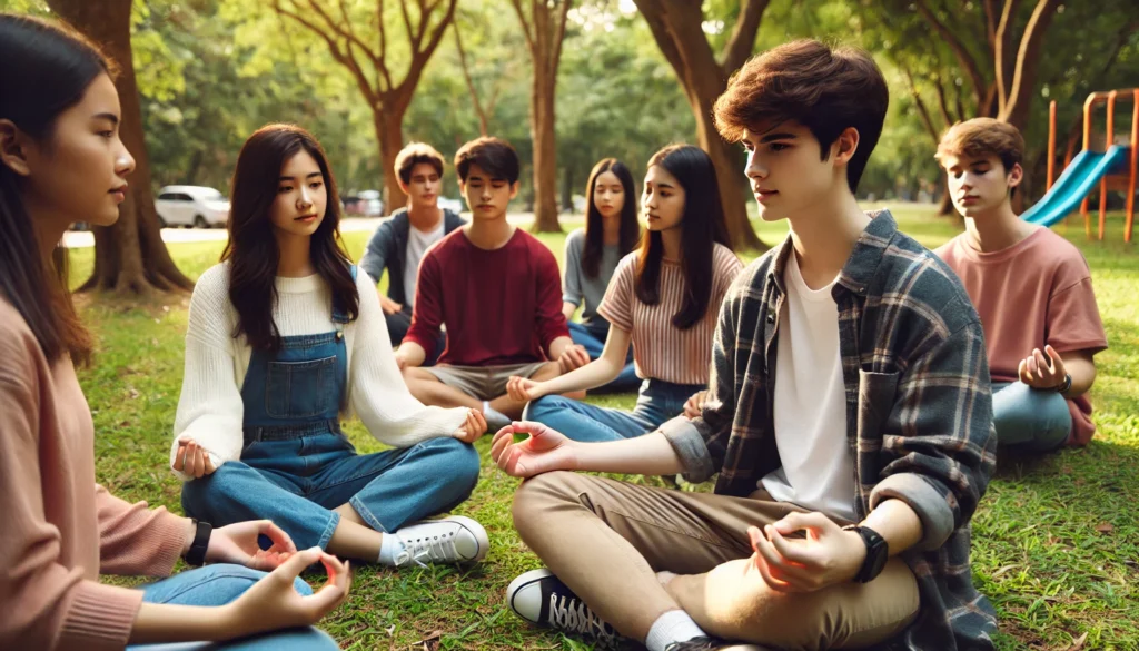 A group of teenagers practicing mindfulness outdoors in a peaceful park setting. Some are meditating, while others provide emotional support to a stressed friend, surrounded by nature and calming sunlight.