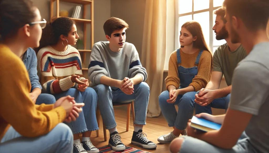 A group of teenagers in a community center participating in a peer support group. One teen shares their feelings while others listen attentively and offer reassuring gestures, creating a warm, inclusive, and supportive environment.