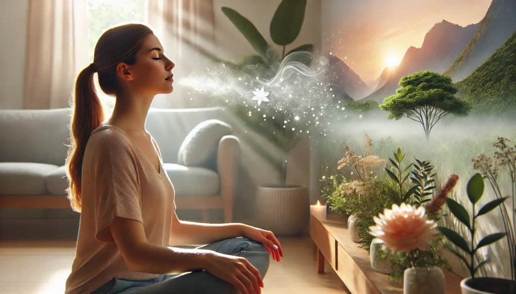 A serene moment of deep breathing practice, where a person sits in a peaceful environment with soft lighting and nature elements, promoting relaxation.