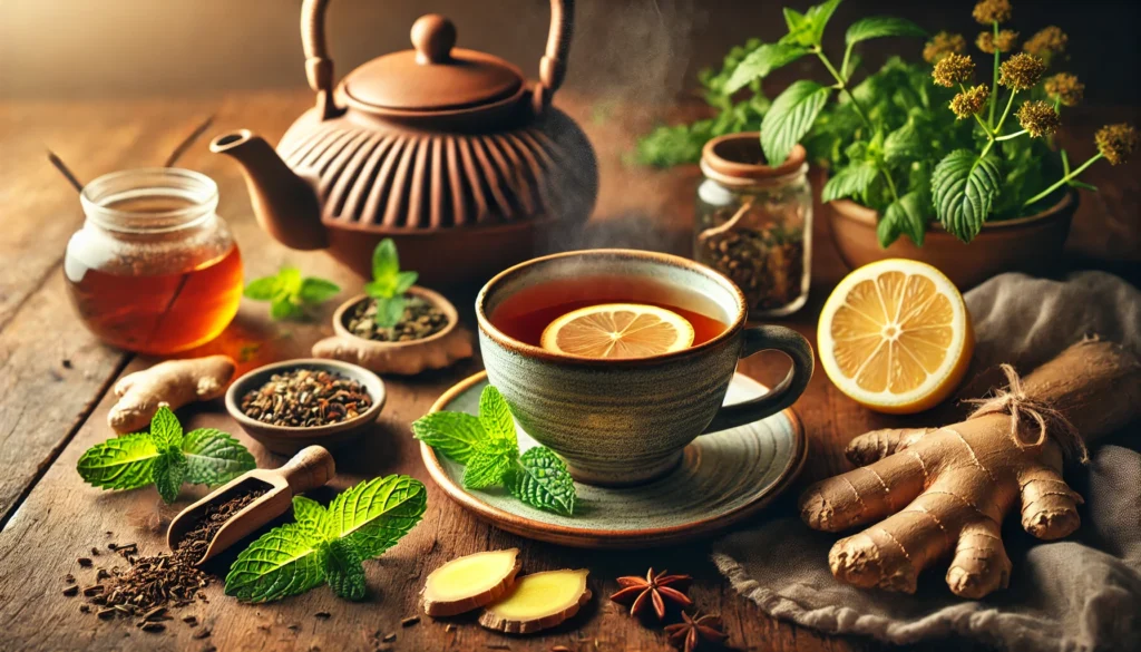 Herbal teas steaming on a wooden table, surrounded by mint leaves, ginger slices, and lemon wedges, symbolizing relaxation and mental clarity through natural antioxidants.