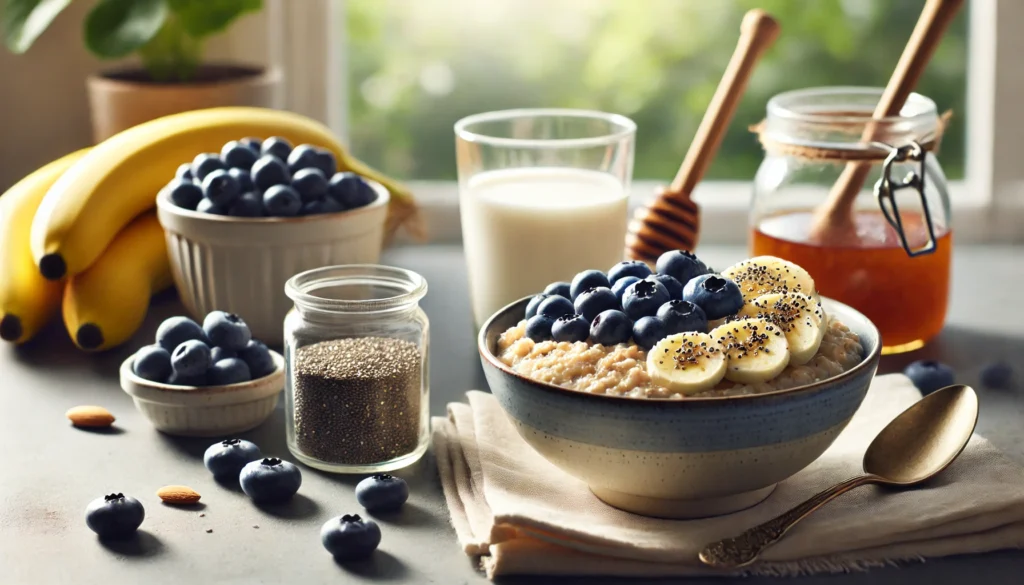 A wholesome breakfast scene featuring a bowl of oatmeal topped with blueberries, banana slices, and chia seeds, accompanied by almond milk and honey, promoting vitamins for cognitive focus.