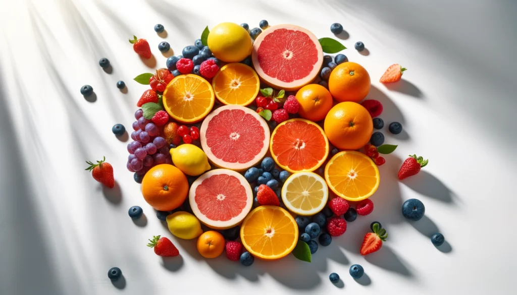 A vibrant mix of citrus fruits including oranges, lemons, and grapefruits alongside fresh blueberries and strawberries, representing Vitamin C for brain health.