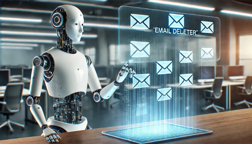 "A futuristic robotic assistant using an 'email deleter' tool on a transparent digital screen, eliminating unnecessary emails in a sleek, modern office."