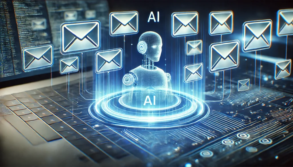 A futuristic visualization of an AI digital assistant cleaning up multiple email inboxes, removing holographic email icons in a sleek, modern interface."