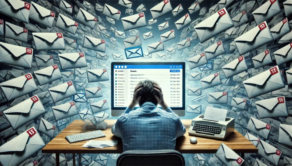 "A frustrated person sitting at their desk, overwhelmed by spam emails on their computer screen, demonstrating the importance of an efficient email deleter tool."