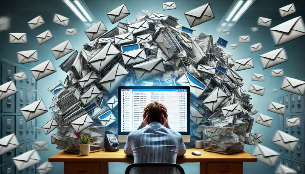  "A frustrated person sitting at their desk, overwhelmed by multiple overflowing email inboxes on their computer screen, highlighting the need for an AI-powered email deleter to streamline email management and reduce digital stress."