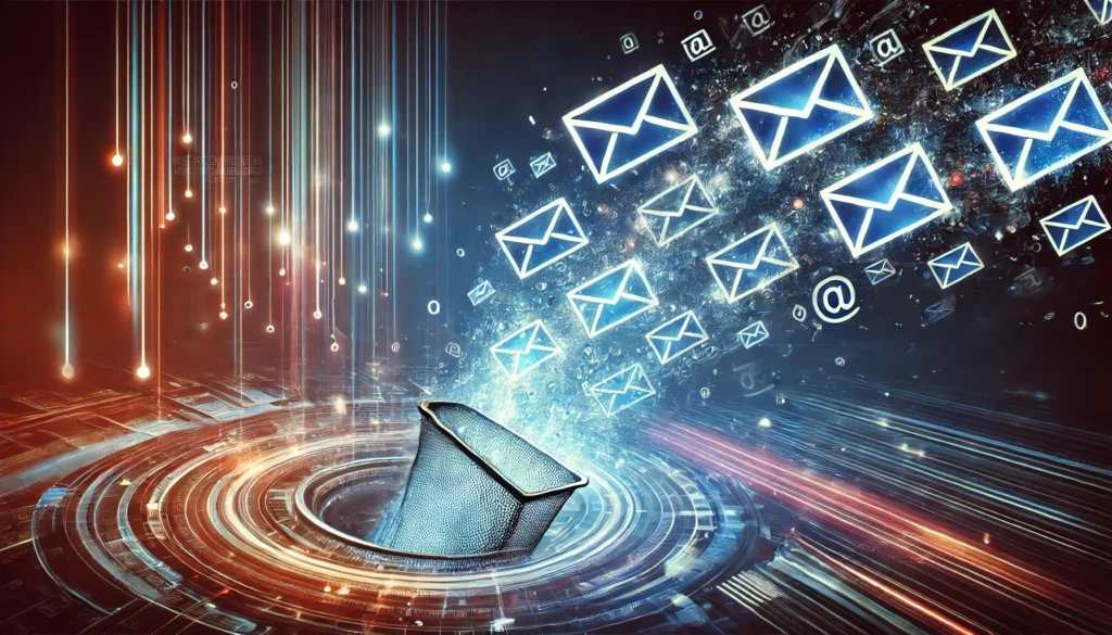 "An abstract digital concept illustrating an 'email deleter' in action, with email icons dissolving into a digital vortex, symbolizing efficient inbox cleanup."