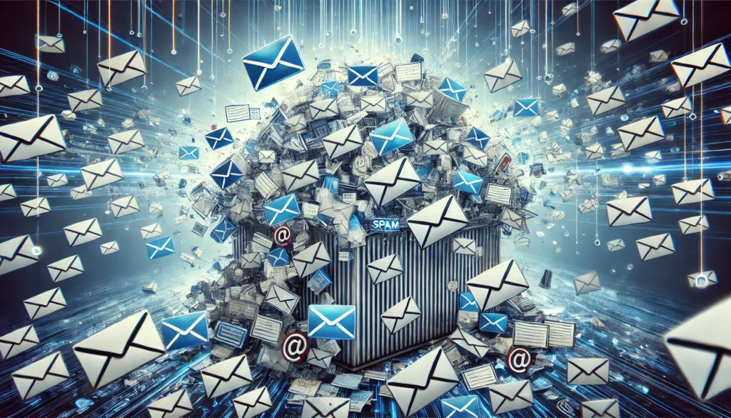 "A digital concept illustration of a cluttered email inbox with multiple accounts, overflowing with unread messages and spam, representing the need for an AI-powered email deleter to streamline and organize digital communication."