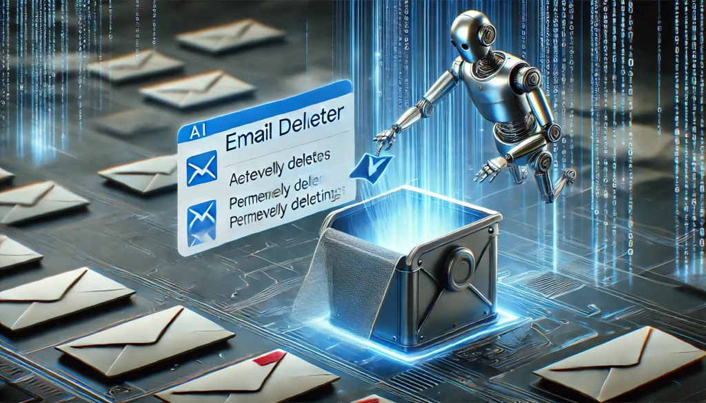 "A futuristic AI-powered email deleter tool automatically scanning and removing spam emails from an inbox, ensuring a clutter-free and secure email experience."