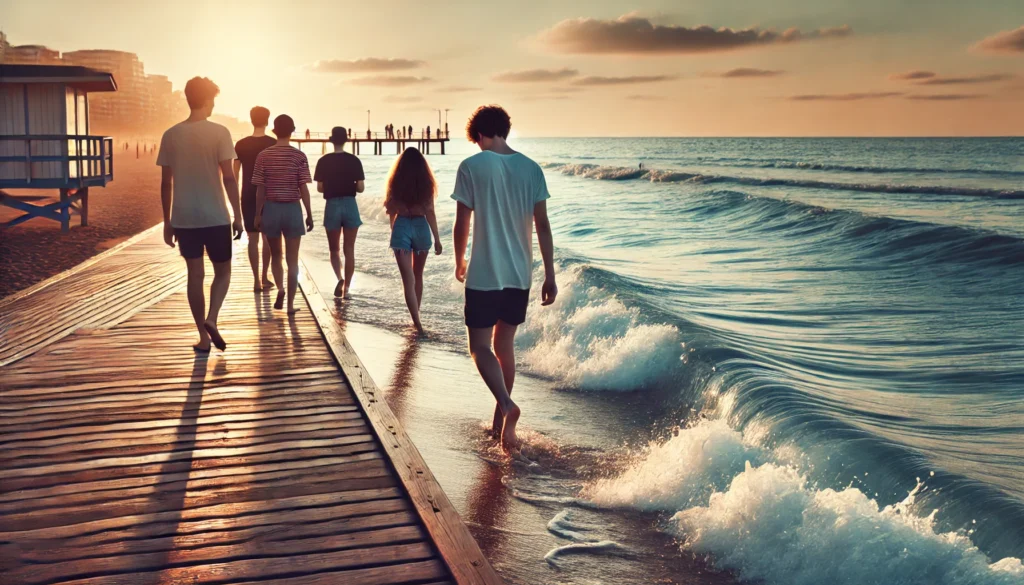 A group of teens walking barefoot on a beachside boardwalk during sunset, unwinding with the calming ocean waves.