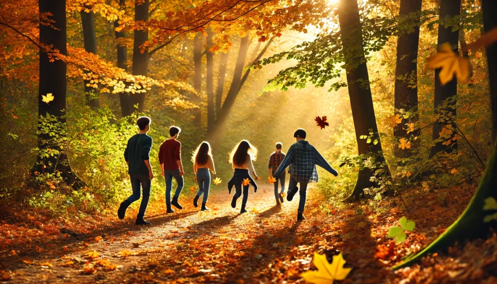 Teenagers strolling through an autumn forest trail, playfully kicking leaves and enjoying the crisp, relaxing air.