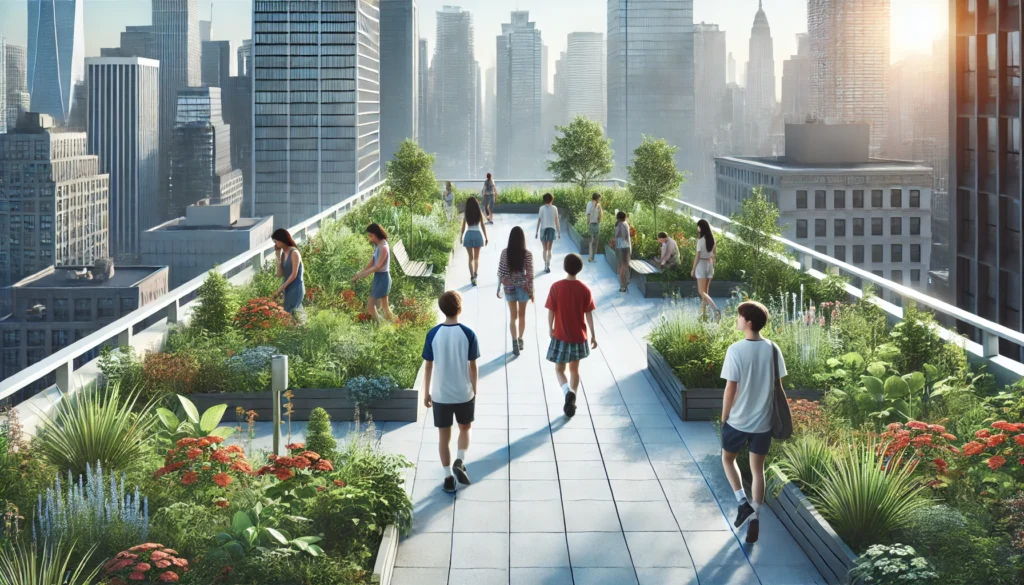 A small group of teens walking in an urban rooftop garden, surrounded by greenery with a city skyline in the background, engaging in mindful walking.