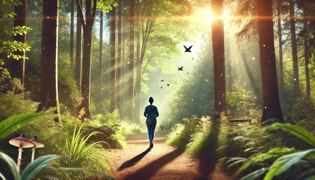 A person walking through a peaceful forest trail, taking deep breaths and enjoying nature. Sunlight filters through the trees, and birds are visible in the background. The atmosphere is calm and serene, symbolizing the benefits of nature walks for anxiety relief.