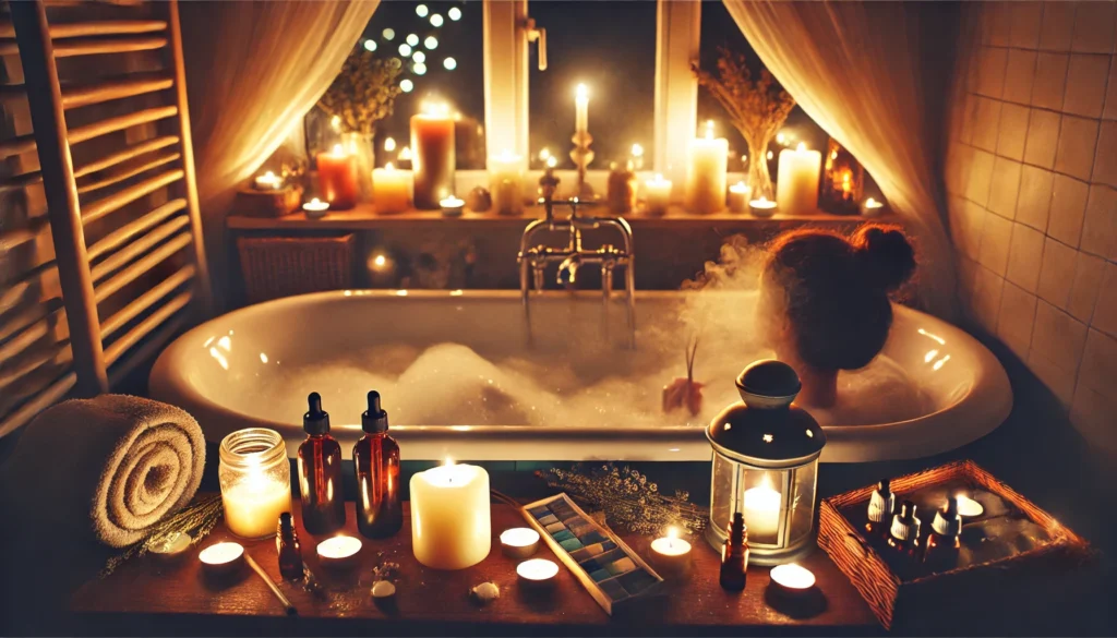 A cozy evening self-care scene with a person soaking in a warm bubble bath, surrounded by candlelight and essential oils. The steam rises gently, and soft lighting creates a tranquil atmosphere, symbolizing relaxation techniques for managing anxiety.