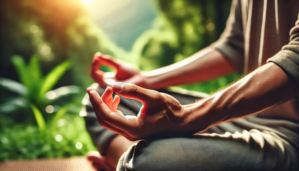 A close-up of a person's hands in a meditative pose, resting on their lap with palms facing upward. The blurred background of lush green nature and warm sunlight represents mindfulness and inner balance.