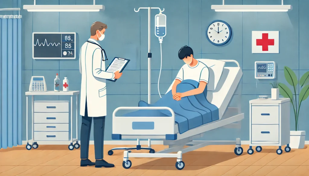 A hospital room with a person lying in a hospital bed, appearing exhausted and unwell. A doctor is checking their vitals while an IV drip is attached, symbolizing the severe consequences of extreme work stress leading to hospitalization.