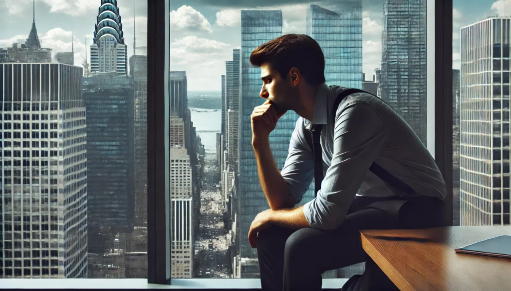 A tired employee taking a break by a large office window, looking out at the cityscape with a thoughtful expression, symbolizing self-awareness and recognizing burnout.